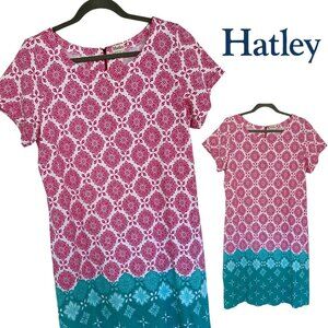 Hatley, Nellie, Cotton Short Sleeve Geometric Dress, Fuchsia Compass, Pink, Teal